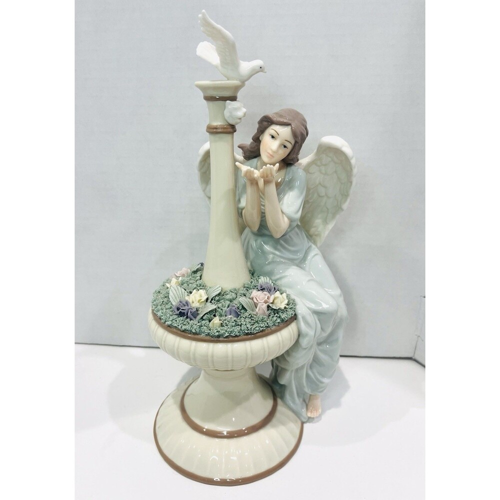 Angel Figurine Porcelain Bird Bath Statue Hand Painted Flowers Glossy Decor